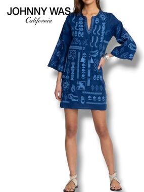 Johnny Was Acantha Blue Linen Embroidered Mermaid Evil Eye Tunic Dress M